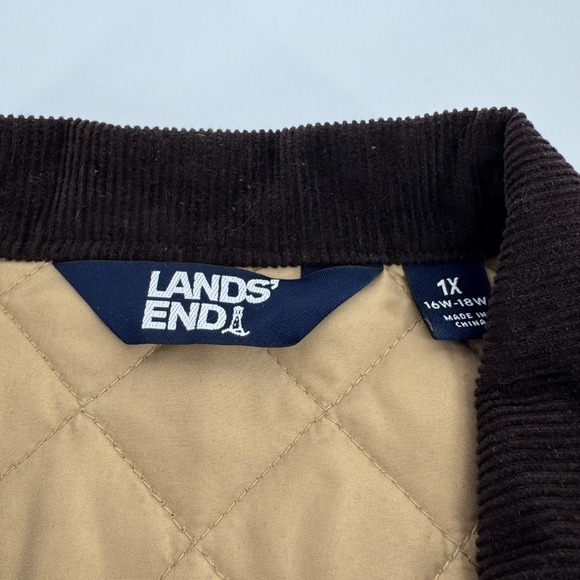 Lands End Womens 1X Quilted Plaid Snap Front Jacket Corduroy Collar Tan Brown - Picture 5 of 9